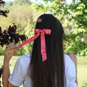 Bubblegum Pink Matte Satin Ribbon Hair Bow Barrette, Bow Clip, Gift Preteen Teen Tween Girl Pink Satin Bow Long pink satin bow Bow for women
