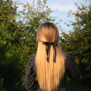 Black satin hair bow, elegant hair bow, adult hair clips, adult hair bow, long tail hair bow, hair bow barrette, hair bow tie