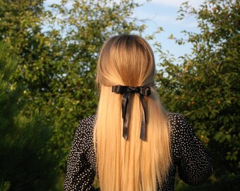 Laço de cabelo de cetim preto, laço de cabelo elegante, grampos de cabelo para adultos, laço de cabelo para adultos, laço de cabelo de cauda longa, presilha de laço de cabelo, laço de cabelo