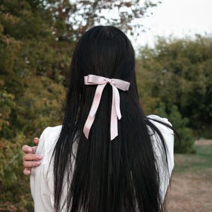 May include: A person with long, dark hair styled with a light pink bow. The bow is tied at the back of the head, with the ends of the bow hanging down. The person is wearing a white dress or top.