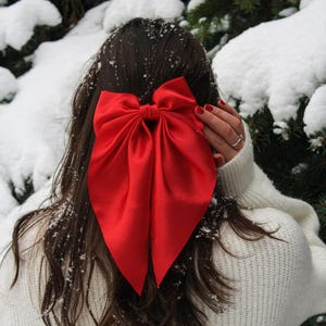 Red Hair Bow Christmas party bow, Satin hair bow, Christmas gift, long tails bow, women hair bow, hair clip barrette, women hair accessories