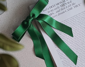 Emerald Green Satin Hair Bow Long Ribbon Tails Bow French Barrette Black Satin Sturdy Bow White Double Bow with Tail Bow with Hair Clip