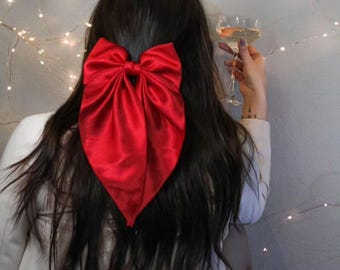 Große rote Satin Haarschleife, Elegante Haarspange Schleife mit langer Schwanz, Seiden Haarspange, Burgund Haarschleife, Lange Schwanz Haarschleifen, Mädchen Weihnachten Haarschleife