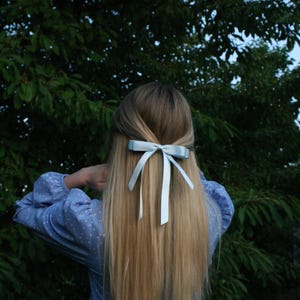 Blue Satin Ribbon Long Tail Hair Bow Girls Baptism Hair Bow With Clip Gift for Her Bridal or Flower Girl Wedding Elegant Bow Easter Hair Bow