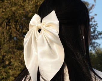 Elegant WHITE Satin Hair Bow Barrette Perfect for Bride To Be Double Long Tail Bow Clip Wedding Hair Ribbon Bow Clip Bridal events Gift
