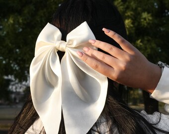 Long White Hair Bow Series Hair Tie, Barrette or Clip Gift for Her Gift for Girl Long tail satin bow Adult hair accessories Wedding hair bow