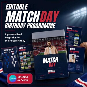 Puede incluir: Una plantilla editable de programa de cumpleaños con temática de día de partido en azul oscuro y rojo. El diseño incluye secciones para alineaciones de invitados, recuerdos del día del partido, una línea de tiempo y un perfil personal.