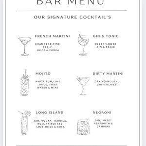 Personalisierte Bar-Menü-Vorlage - Anpassbare Cocktail- & Getränkekarte - Bearbeitbares digitales Menü für Events, Hochzeiten und Bars