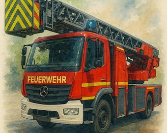 Watercolor fire department picture of a turntable ladder – digital download for children&#39;s rooms | Printable wall art | Fire department poster to print