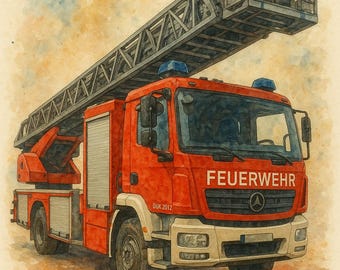 Watercolor fire department picture of a turntable ladder – digital download for children&#39;s rooms | Printable wall art | Fire department poster to print