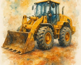 Watercolor Wheel Loader Picture – Digital Download for Kids&#39; Rooms | Printable Wall Art | Construction Site Poster to Print