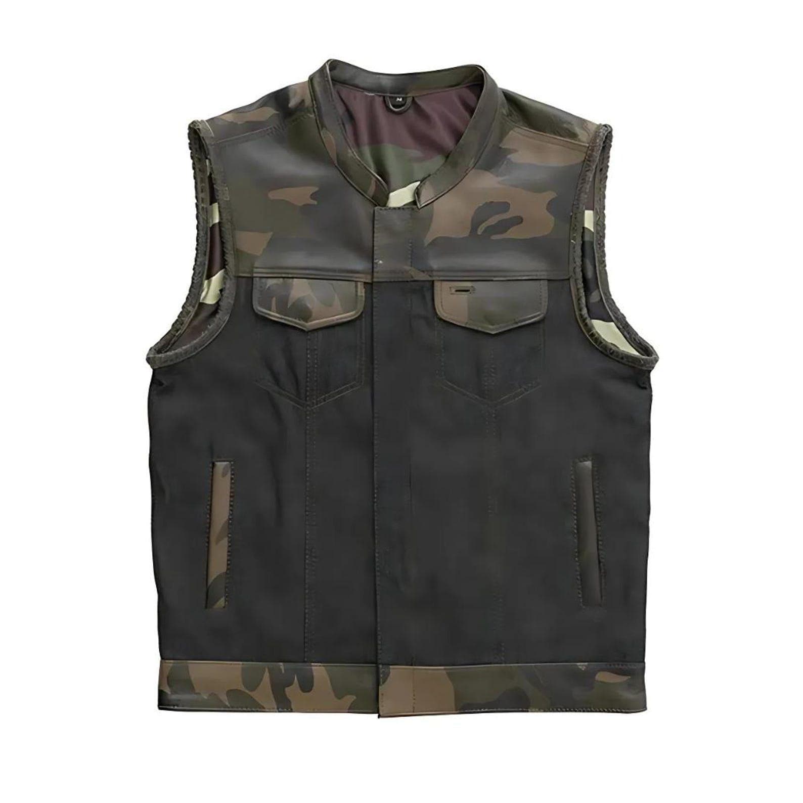 Tactical Camo Leather Vest – Military Style Utility Outerwear