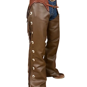 Calça de couro marrom de couro de vaca nativa americana Chap Chap feito à mão Western Cowboy Chap Mountain Men, presentes de cavalo para homens