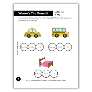 May include: Educational worksheet titled "Where's The Sound?" with illustrations of a yellow taxi, school bus, and bed. The worksheet asks the user to identify the sound location in each word. The text includes "Listen for: B /b/."