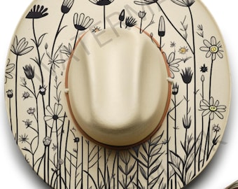 Plantilla para quemar sombreros con diseño de flores de pradera, estilo boho floral, diseño para pirograbado, plantilla para quemar madera, lista para láser.