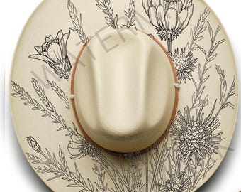 Diseño de sombrero quemado de Meadow Botanicals, pirograbado, plantillas imprimibles, plantilla digital, gráfico compatible con láser, archivos PNG, JPG, PDF y SVG, estilo bohemio.