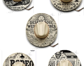 Paquete de 10 plantillas vintage para sombreros del Oeste / Diseños de sombreros de vaquera del desierto para pirograbado / Estilo retro americano, rodeo y motel / Pirograbado en formato PDF, SVG, PNG y JPG.