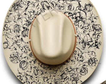 Pirograbado con diseño de sombrero quemado con tapiz de flores silvestres, plantillas imprimibles, plantilla digital, gráficos compatibles con láser, archivos PNG, JPG, PDF y SVG, estilo bohemio.