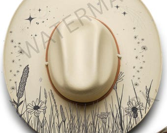 Plantilla de sombrero quemado con flores silvestres cósmicas, diseño de jardín celestial (plantilla digital)