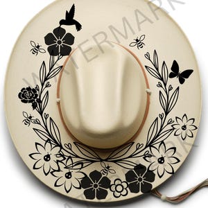 Flowers and Bees Hat Burning Design, Hat Pyrography, Traceable Digital Files, Printable Stencils, Hat Burning Design Template, Boho vibes