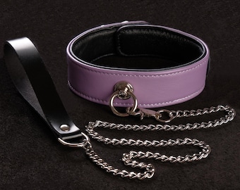 Lavender Leather Collar with Leash, Purple Bondage Choker, Human Petplay, Locking Buckle, Adjustable Size