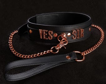 Handmade YES SIR Collar and Leash Set, Vegan Leather Petplay Choker, DDLG, Submissive Toy