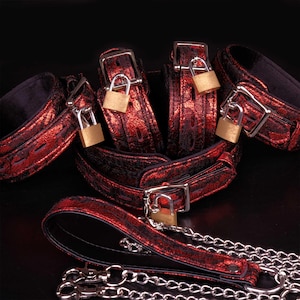 Lace Bondage Cuffs, Vegan Leather Bondage For Couple, Locking Restraints Full Set, Red Bondage Harness,Slave Sub Collar And Hand,Ankle Cuffs