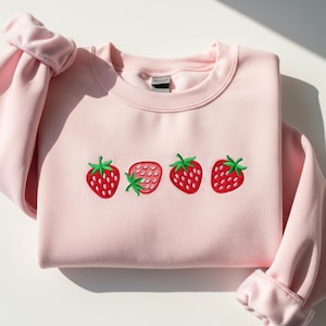 Strawberry Embroidery Sweatshirt, Grandmillennial Strawberry Bow Embroidered Crewneck, Strawberry Fest Embroidered Hoodie, Strawberry Shirt