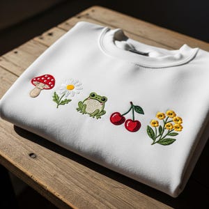 Mushroom Frog Wildflowers Embroidery Sweatshirt, Strawberries Embroidered Crewneck, Floral Cottage Core Mushroom Crewneck, Gift for her