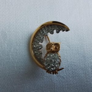 Owl on the moon Attwood & Sawyer brooch gold metal with Swarovski crystals tiny signed