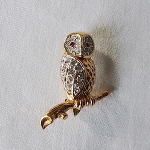 Owl Attwood & Sawyer brooch gold metal with Swarovski crystals tiny signed
