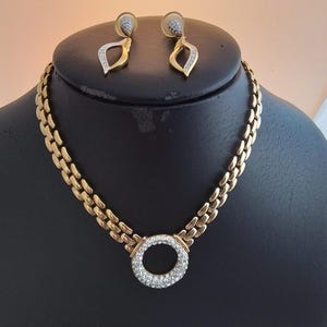 Vintage jewelry A&S Attwood and Sawyer necklace and earrings goldtoned Swarovski rhinestone signed