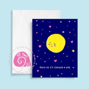 Caru ti i'r lleuad a nôl - romantische kaart 'I love you to the moon and back' Perfect voor jubilea, Valentijnsdag of gewoon omdat