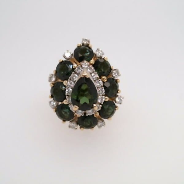 Vintage 18 Karat Yellow Gold Pear & Oval Shaped Green Tourmaline And Round Natural Diamond Cocktail Style Ring Halo Estate Jewelry Unique