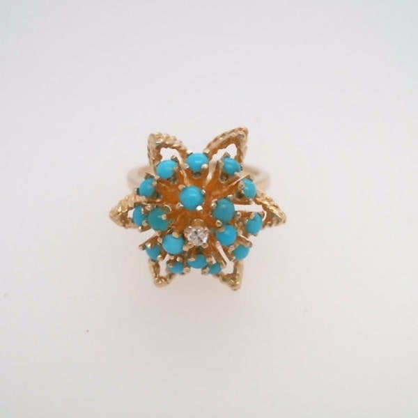 Vintage 14 Karat Yellow Gold Star Shaped Turquoise & Round Single Cut Diamond Ring Cabochons Statement Ring Estate Jewelry Unique Fun