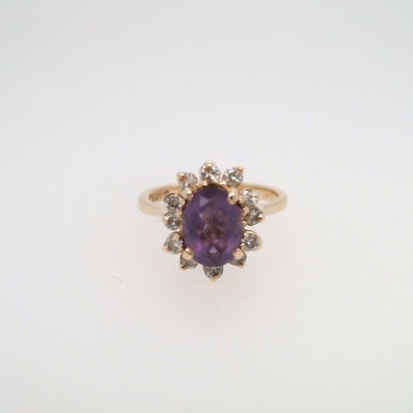 Vintage 14 Karat Yellow Gold Purple Amethyst & Diamond Halo Ring Estate Jewelry Unique Prong Setting Straight Shank Princess Fashion