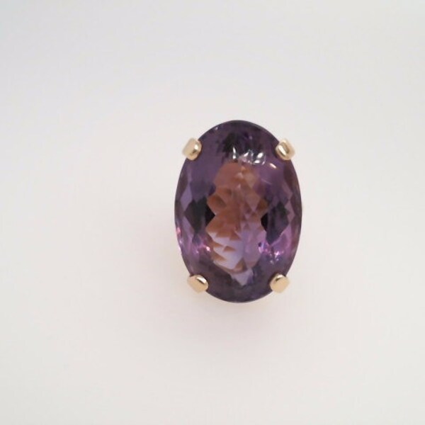 Vintage 14 Karat Yellow Gold Faceted Oval Purple Amethyst Solitaire Ring Estate Jewelry Unique Statement Ring Classic 4 Prong Split Shank