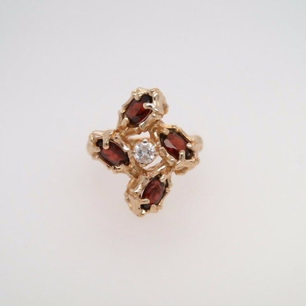 Vintage 14 Karat Yellow Gold Bamboo Motif Garnet & Diamond Cluster Ring Oval Round Brilliant Prong Setting Polished Estate Jewelry Tapered