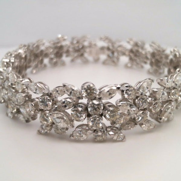 Vintage 18 Karat White Gold Diamond Encrusted Bracelet Estate Jewelry Unique Statement  Round Marquise Shape Diamonds Circa 1950s