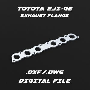Pode incluir: Uma flange de escape de metal prateado para um motor Toyota 2JZ-GE. A flange tem seis furos para parafusos. A imagem inclui o texto ".DXF/.DWG DIGITAL FILE".