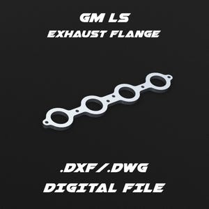 Puede incluir: Una brida de escape de metal plateado para un motor GM LS. La brida tiene seis agujeros para tornillos. La imagen incluye el texto "GM LS EXHAUST FLANGE .DXF/.DWG DIGITAL FILE".