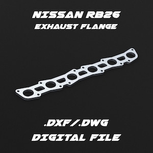 May include: A silver metal exhaust flange for a Nissan RB26 engine. The flange has multiple holes for bolts. The image includes the text "NISSAN RB26 EXHAUST FLANGE .DXF/.DWG DIGITAL FILE".