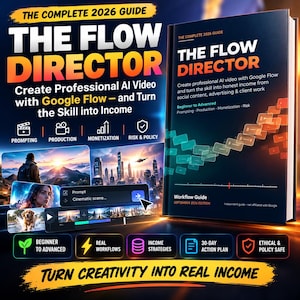Puede incluir: Un libro titulado The Flow Director: The Complete 2026 Guide, con texto sobre la creación de videos de IA profesionales con Google Flow. La portada muestra un paisaje urbano, una persona y un perro, con iconos de producción y monetización.