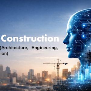 May include: A digital illustration promoting "AI for Construction." The image features a futuristic human face overlaid with circuit patterns, a cityscape, and construction cranes. Text includes "AI for AEC" and the date "9th Jan 2026."