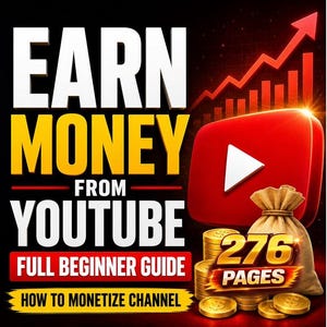 May include: A digital graphic featuring the text EARN MONEY FROM YOUTUBE FULL BEGINNER GUIDE HOW TO MONETIZE CHANNEL. The image includes a red YouTube logo, a stack of gold coins, a tied money bag, and a red upward-trending arrow on a black background.