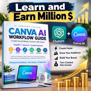 May include: A book titled Canva AI Workflow Guide featuring a laptop with the Canva logo, a mug with text, and icons for ChatGPT and Canva AI. The cover displays text about creating social media content, 30 workflows, 190 prompts, and 20 worksheets.