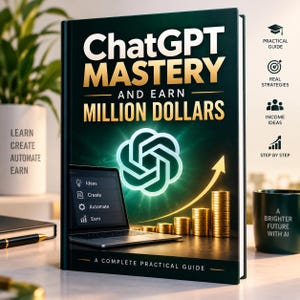 May include: A hardback book titled ChatGPT MASTERY AND EARN MILLION DOLLARS with a dark green cover featuring a glowing logo, a laptop, and stacks of gold coins. The cover includes the text A COMPLETE PRACTICAL GUIDE and various icons.