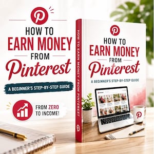 Könnte beinhalten: Ein weißes Buch mit dem Titel How to Earn Money From Pinterest: A Beginner's Step-by-Step Guide und einem roten Pinterest-Logo. Das Cover zeigt einen Laptop mit einem Pinterest-Feed, eine kleine Topfpflanze und eine Tasse mit dem Logo.