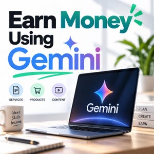 Op de afbeelding: Een laptop met het Gemini-logo op het scherm, met daarboven de tekst Earn Money Using Gemini. Pictogrammen voor Services, Products en Content zijn zichtbaar. Een mok met het label Ideas Skills Income en boeken met Plan Create Earn staan ernaast.