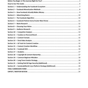 Puede incluir: Una p&aacute;gina de documento blanca titulada TABLE OF CONTENTS en texto azul oscuro. Enumera veintid&oacute;s secciones y elementos adicionales, incluidos Before You Begin, How to Use This Guide, Final Submission Form y Expert Mentor Review con n&uacute;meros de p&aacute;gina.